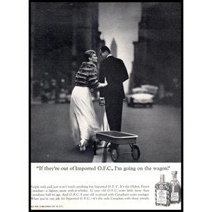 1963 OFC Schenley Whisky Vintage Print Ad City Skyline Fur Coat Wagon Wall Art